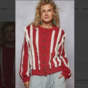 POL Red and White Textured Button Up Sweater
